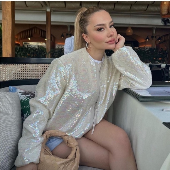 ZARA SEQUINED BOMBER JACKET BEIGE SIZE S - Picture 1 of 11